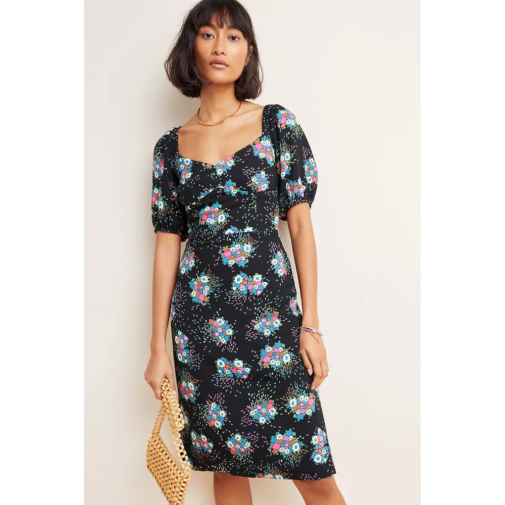 Anthropologie Scarletta Sweetheart Mini Dress Floral Puff Sleeve Size 12 (K746)